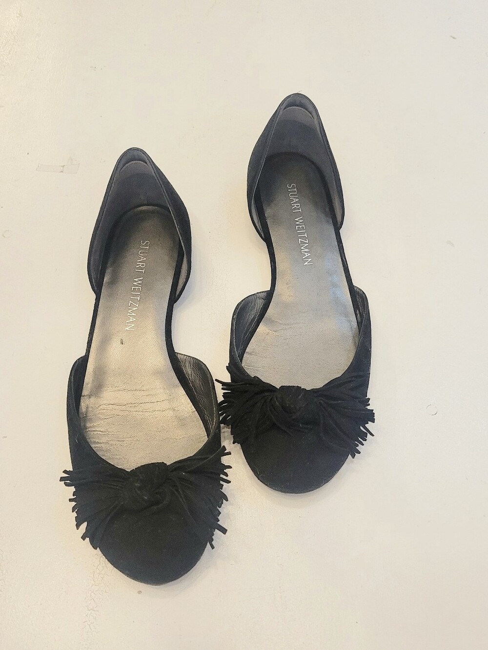 Stuart Weitzman Black Suede D'Orsay Flats with Knotted Fringe Detail
